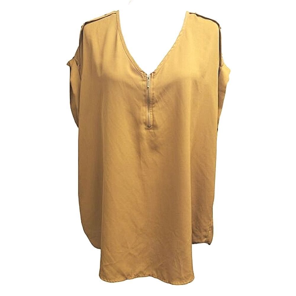 Speed Limit MPH Blouse Cuffef Cap Sleeves V-Neck 1/4 Zipper Dark Gold/Brown 2X